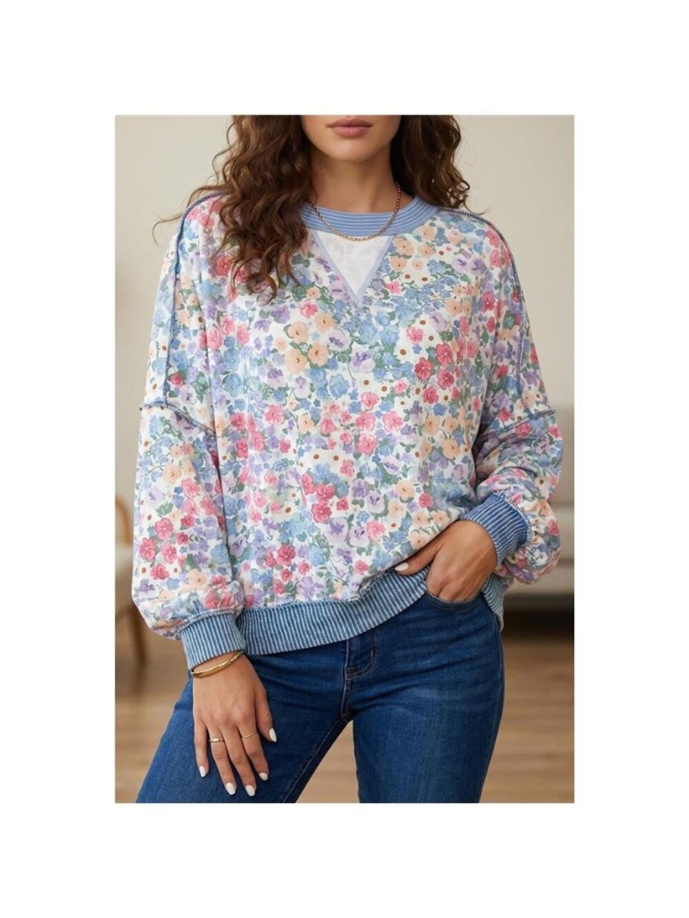 Multicolour Floral Print Round Neck Long Sleeve Shift Top